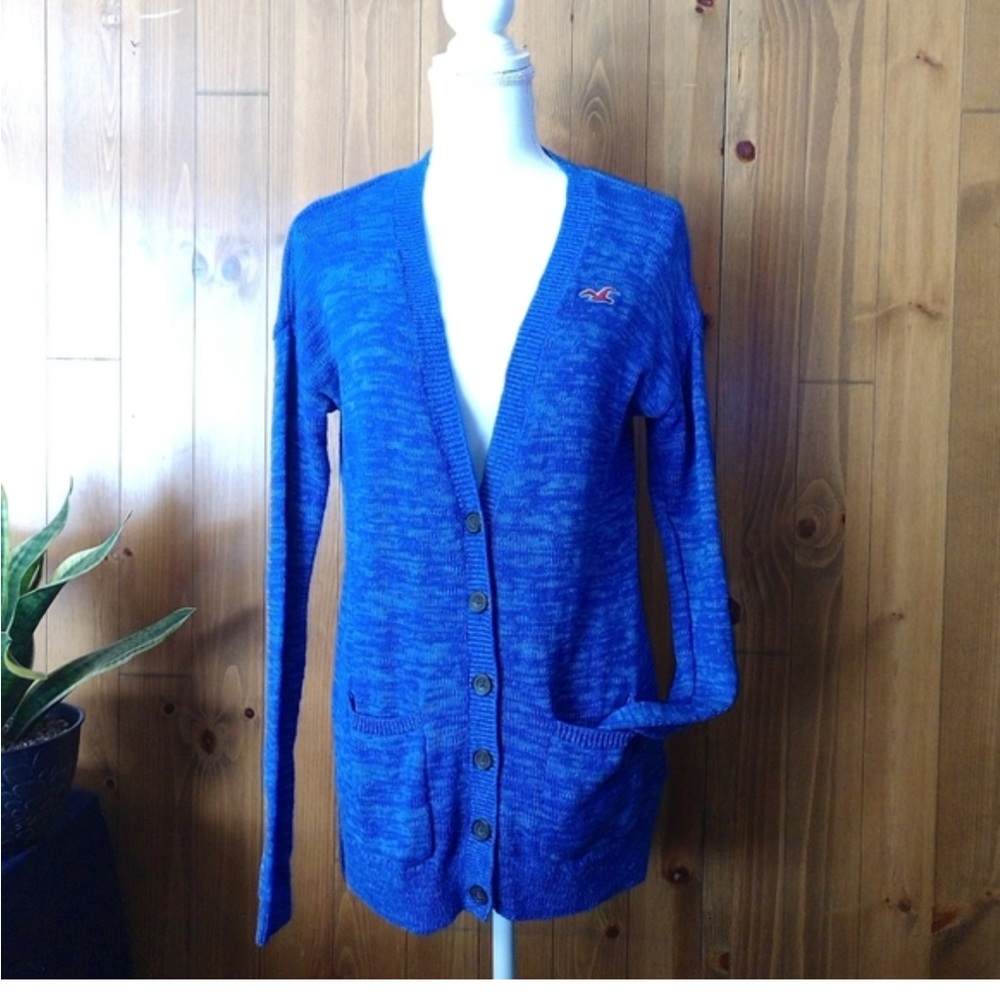 Hollister preppy acadmic blue long sleeve cardigan knit size Large tall